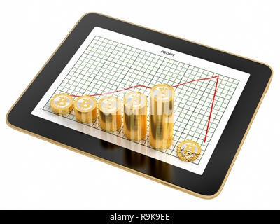 Crash Bitcoin - Tablette graphique avec bénéfice des piles de Bitcoins doré sur elle - le rendu 3D Banque D'Images