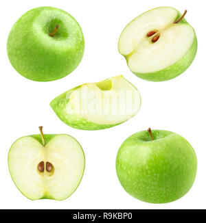 Pommes isolés. Collection d'ensemble et couper la pomme verte isolée sur fond blanc avec clipping path Banque D'Images