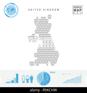 Royaume-uni Personnes Carte des Icônes. Les gens foule dans la forme d'une carte de la Grande-Bretagne. Silhouette stylisée de Britannia. La croissance de la population et au vieillissement Infogr Banque D'Images