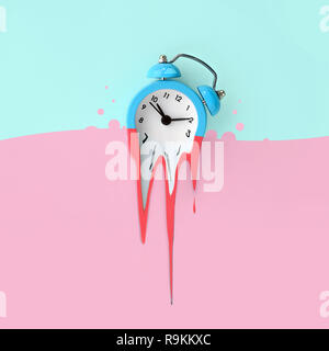 Le temps presse concept montre réveil c'est la dissolution par fusion dans substance liquide rose pastel . Image style surréaliste Banque D'Images