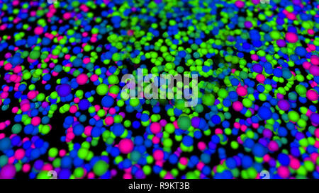 Boules de particules abstract background. Vol entre les molécules de gaz multicolores 3d illustration. Banque D'Images