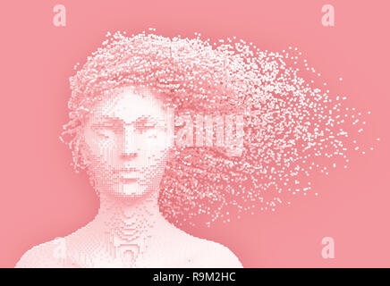 Pixelated rose Tête de femme et de pixels 3D que les cheveux. 3D Illustration. Banque D'Images