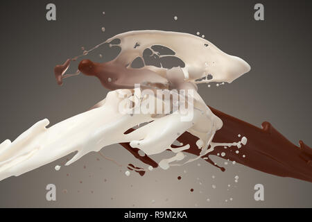 Le lait et le chocolat blanc éclaboussures sur fond brun. 3D Illustration. Banque D'Images