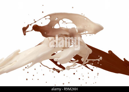 Le lait et le chocolat blanc éclaboussures isolé sur fond blanc. 3D Illustration. Banque D'Images