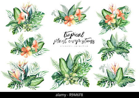 Aquarelle dessinés à la main, bouquets de fleurs tropicales. Feuilles de palmiers exotiques, jungle arbre, Brésil tropic botanique fleurs et éléments. Parfait pour le motif du tissu. Banque D'Images