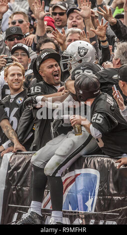 Oakland, Californie, USA. 27 Oct, 2013. Oakland Raiders running back Darren McFadden (20) célèbre avec les fans de toucher des roues le dimanche, Octobre 27, 2013, dans la région de Oakland, Californie. Les raiders défait les Steelers 21-18. Crédit : Al Golub/ZUMA/Alamy Fil Live News Banque D'Images