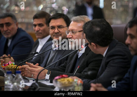 Téhéran, Iran. Dec 25, 2018. Le Président du Parlement iranien Ali Larijani (3e R) rencontre avec le président de l'Assemblée nationale de l'Azerbaïdjan Ogtay Asadov (pas dans le photo) à Téhéran, capitale de l'Iran, au 25 décembre 2018. Credit : Ahmad Halabisaz/Xinhua/Alamy Live News Banque D'Images