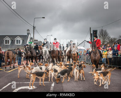 Carrigaline, Cork, Irlande. 26 Décembre, 2018. Les membres de l'Union du Sud se réunissent avec leurs chiens de chasse pour la traditionnelle St Stephen's Day Hunt sur la rue principale à Carrigaline, co Cork, Irlande. Crédit : David Creedon/Alamy Live News Banque D'Images