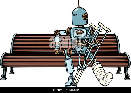 Robot avec jambe cassée en plâtre, reste dans le parc. Pop art retro vintage kitsch vector illustration Illustration de Vecteur