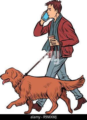 Homme marche avec un chien, golden retriever. Pop art retro vintage kitsch vector illustration Illustration de Vecteur