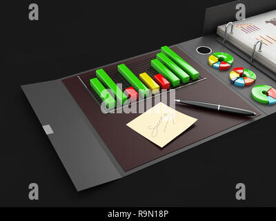 Dossier classeur avec graphiques, 3d illustration. Dossier de présentation en carton Bureau de marque. Banque D'Images