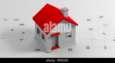 IOT, smart home concept. Petite maison au toit rouge sur fond blanc avec des signes d'applications. 3d illustration Banque D'Images