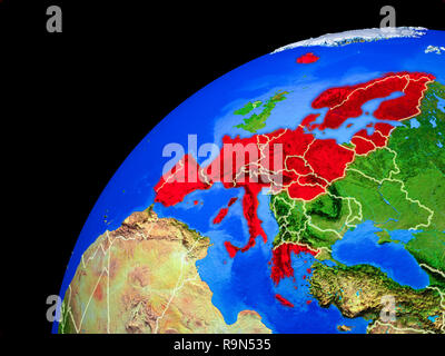 Les membres de l'espace Schengen à partir de l'espace. La planète Terre avec des frontières du pays et de détail extrêmement élevé surface de la planète. 3D illustration. Éléments de cette amp Banque D'Images