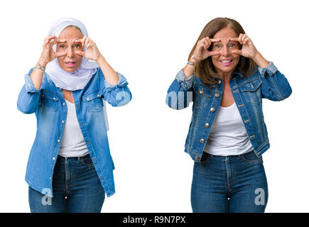 Collage de belle femme arabe moyen-âge sur fond isolé d'essayer d'ouvrir les yeux avec les doigts, de somnolence et de fatigue La fatigue du matin Banque D'Images
