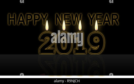 Bonne année 2019 tiens avec une bougie qui brille en nombre avec fond noir et sombre Banque D'Images