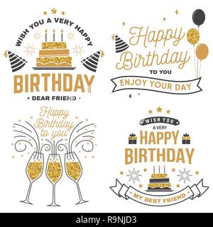 Vous souhaiter un très joyeux anniversaire cher ami. Autocollant, badge, carte, avec anniversaire hat, firework et gâteau avec des bougies. Vecteur. Ensemble de vintage design typographique pour l'emblème de l'anniversaire Illustration de Vecteur