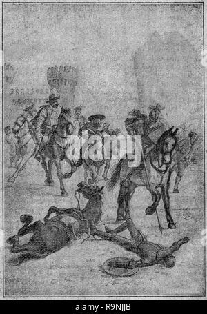 Le Chevalier de la Lune blanche bat Don Quichotte. Don Quichotte scène de roman. Illustration de Calleja Edition publiée en 1916. Banque D'Images