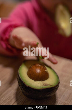 La main de l'enfant atteint de l'avocat. Une alimentation saine pour les enfants Banque D'Images