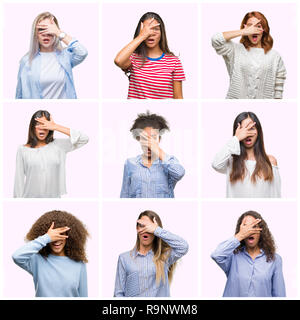 Collage de jeunes femmes sur fond rose isolé avec des pics de shock couvrant le visage et les yeux avec la main, regardant à travers les doigts avec honte expre Banque D'Images