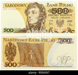 Tadeusz Kosciuszko sur l'ancien projet de loi 500 zloty envers et macro photo. Devise polonaise avant la confession. Banque D'Images