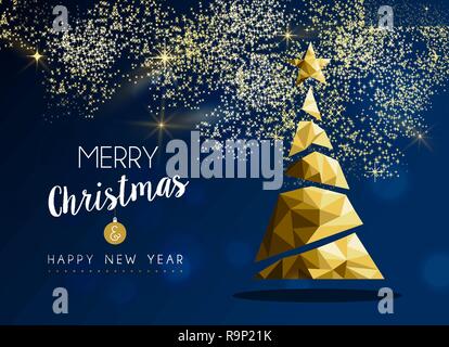 Joyeux Noël et bonne année gold pine tree en triangle hipster style low poly sur fond bleu. Carte de vœux de Noël ou élégante maison de vacances partie i Illustration de Vecteur