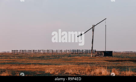 Bien typique de pasteur ou Berger dans le Parc National d'Hortobagy, Hongrie, puszta est célèbre des écosystèmes dans l'Europe et l'UNESCO World Heritage Site Banque D'Images