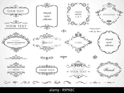 Ensemble d'épanouir des cadres, des frontières, des étiquettes. Collection d'éléments de conception. Tourbillons, calligraphie vecteur swashes, orné de motifs et de volutes. Illustration de Vecteur