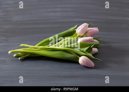 Tulipes fleurs quelques chalcboard sombre sur la surface. Bouquet sur un fond abstrait flou avec l'exemplaire de l'espace. Banque D'Images