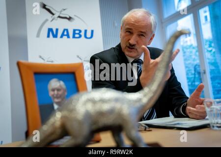 Berlin, Allemagne. 28 Dec, 2018. L'Olaf Tschimpke, Président de l'Union pour la conservation de la nature et de la biodiversité (NABU), parle à la conférence de presse pour la présentation de la 'Dinosaur de l'année 2018' à RWE CHEF R. M. Schmitz (petite photo). La raison donnée pour le prix a été négative que Schmitz insiste tant sur l'effacement de la forêt de Hambach pour la mine de lignite à ciel ouvert, il y avait de plus de plus en plus polarisé le débat passionné sur la protection du climat. Credit : Kay Nietfeld/dpa/Alamy Live News Banque D'Images