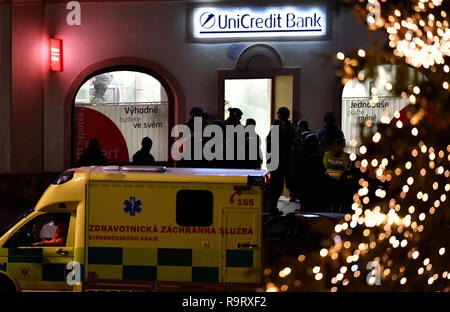 Pribram, République tchèque. 28 Dec, 2018. La police tchèque a arrêté l'homme qui a pris huit personnes en otage dans la banque Unicredit à Pribram, en République tchèque, le 28 décembre 2018. Tous les otages sont sains et saufs et personne n'a été blessé durant l'intervention de la police. La banque de hold-up a été signalé autour de 14:30 et l'opération policière s'est terminée après une unité de police anti-émeute d'assaut la banque mondiale autour de 17:00 et pris l'homme qui était armé d'une arme de poing. L'homme armé a pris deux employés de la banque et sept personnes en otage. Photo : CTK Vit Simanek/Photo/Alamy Live News Banque D'Images