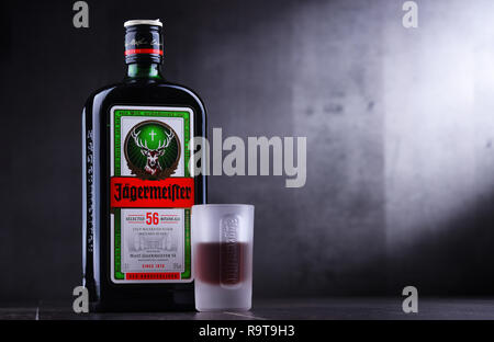 POZNAN, Pologne - 29 NOV 2018 : Bouteille de Jagermeister, Allemand digestif à base de 56 herbes et épices, le produit phare d'Mast-Jagermeister SE Banque D'Images