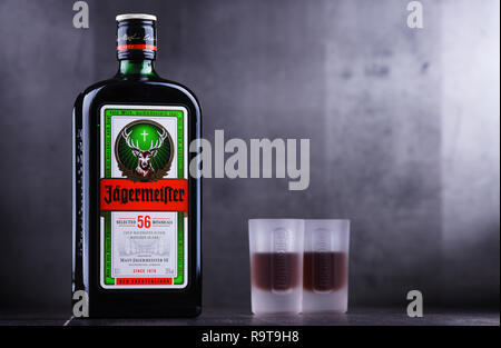 POZNAN, Pologne - 29 NOV 2018 : Bouteille de Jagermeister, Allemand digestif à base de 56 herbes et épices, le produit phare d'Mast-Jagermeister SE Banque D'Images