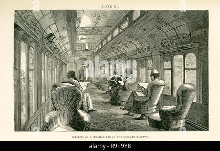 Cette illustration dates pour les années 1870 et montre l'intérieur d'une voiture Pullman sur la Midland Railway. La Midland, qui a d'abord adopté les wagons Pullman, ont construit des véhicules de luxe dans lequel chaque élégance et confort sont mis à la portée du voyageur anglais, et ces améliorations sont très appréciés par tous ceux qui ont de longs trajets à effectuer par jour ou nuit. Voitures Pullman d'un autre genre, fournissant des couchettes pour voyage de nuit, sont également en cours d'utilisation sur la ligne Midland, et elles sont équipées avec le même sérieux ce qui concerne le confort comme la voiture de société. Banque D'Images