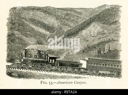 Cette illustration dates pour les années 1870 et montre American Canyon. La Sierra Nevada, comme son nom l'indique, est une gamme de montagne sauvages accidentées casse-tête, toujours couverte de neige. De sommet (7 017 pi) de la ligne descend continuellement à Sacramento, qui n'est qu'à 30 pieds au-dessus du niveau de la mer, et 104 kilomètres de sommet. Environ 36 kilomètres de sommet, le Great American Canyon, l'une des plus sauvages gorges de la Sierra Nevada, est adopté. Ici l'American River est limitée pour une longueur de deux kilomètres entre des murs de roche, 2 000 pi. de hauteur, et si grave qu'aucun pied humain n'a encore jamais Banque D'Images