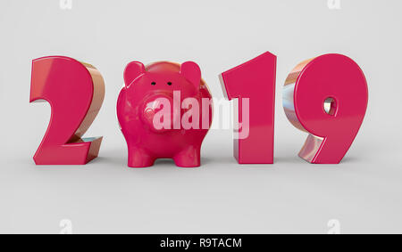 Bonne année 2019, année du cochon. Le rendu 3D illustration. Banque D'Images