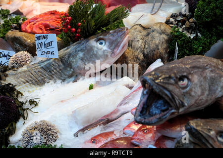 Borough Market Londres décrochage du poisson frais de vente Filet de morue Shetland sénégalais, le vivaneau et la baudroie sur glace au sud London England UK KATHY DEWITT Banque D'Images