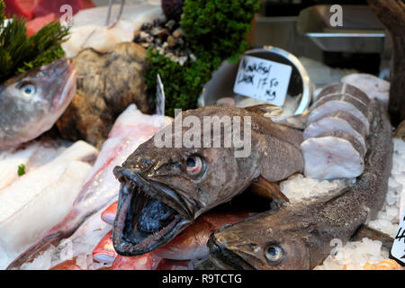 Borough Market Londres décrochage du poisson frais de vente Filet de morue Shetland sénégalais, le vivaneau et la baudroie sur glace au sud London England UK KATHY DEWITT Banque D'Images