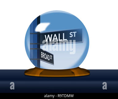 A Wall Street, street sign arrive en foyer à l'intérieur une fortune Teller's crystal ball dans cette image sur le marché boursier. C'est une illustration. Banque D'Images