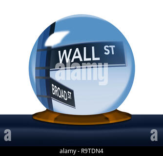 A Wall Street, street sign arrive en foyer à l'intérieur une fortune Teller's crystal ball dans cette image sur le marché boursier. C'est une illustration. Banque D'Images