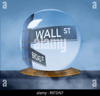 A Wall Street, street sign arrive en foyer à l'intérieur une fortune Teller's crystal ball dans cette image sur le marché boursier. C'est une illustration. Banque D'Images