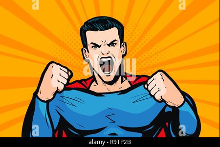 Super Héros avec les poings. Pop art retro style bande dessinée. Cartoon vector illustration Illustration de Vecteur