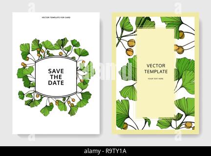 Vector Ginkgo feuille verte. Encre gravée mariage art floral fond carte bordure décorative. Illustration de Vecteur