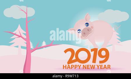 Photo pour la nouvelle année 2019, Cartoon animal pig se tenir sur deux numéros zéro un neuf avec la nature prendre ton. Illustration de Vecteur