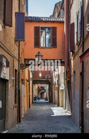 Maisons à encorbellement sur la Via delle Volte, centre historique de Ferrara, Emilia-Romagna, Italie Banque D'Images