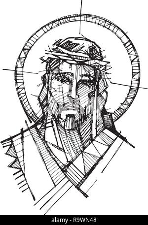 Hand drawn vector illustration ou dessin de Jésus Christ face à sa Passion Illustration de Vecteur