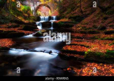 Pont de pierre sous une cascade dans la montagne des Rhodopes près de Sitovo village, Bulgarie, Europe, la photographie de l'automne Banque D'Images