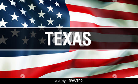 Texas State sur un drapeau USA, rendu 3D arrière-plan. États-unis d'Amérique drapeaux dans le vent. Fier de brandir le drapeau américain, l'état du Texas nous conce Banque D'Images