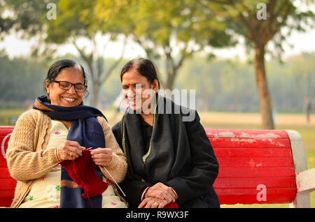 Deux hauts femmes indiennes discuter comment tricoter pulls et souriant dans un parc en hivers à Delhi, Inde Banque D'Images