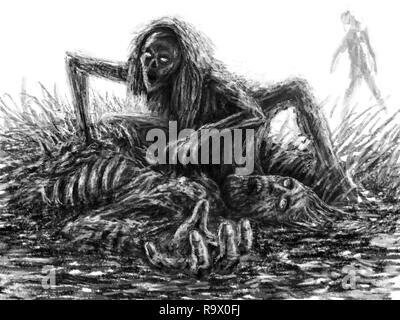 Zombie effrayant femme assise et mange sur fond blanc. Illustration de genre d'horreur. Banque D'Images