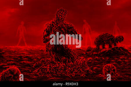 Zombie effrayant est assis et mange sur fond rouge. Illustration de genre d'horreur. Banque D'Images